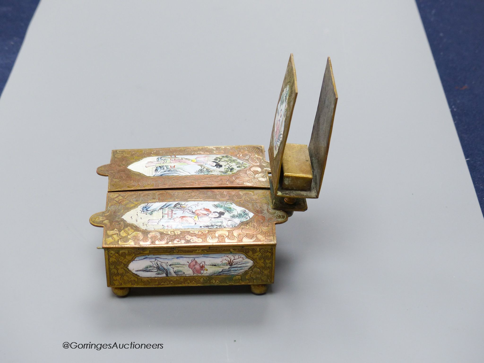 An early 20th century Chinese brass and enamel cigarette box and matchbox holder, 9 x 9cm